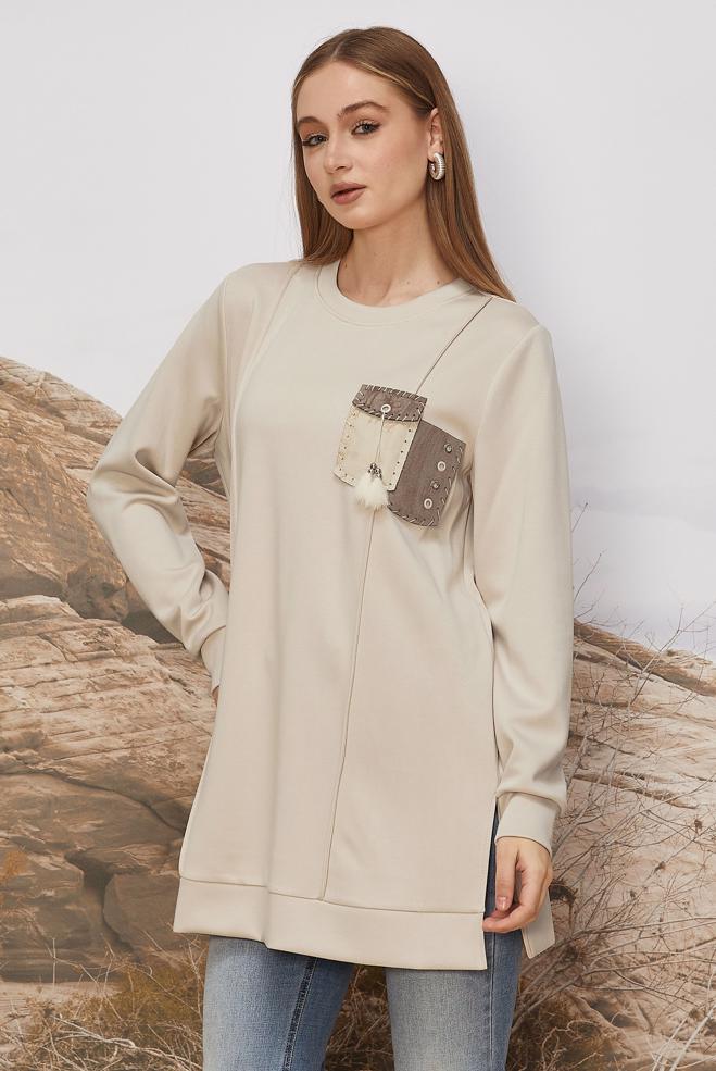 Tesettür giyim EKRU CEP DETAYLI EŞOFMAN TUNİK 45960 - ALVİNA