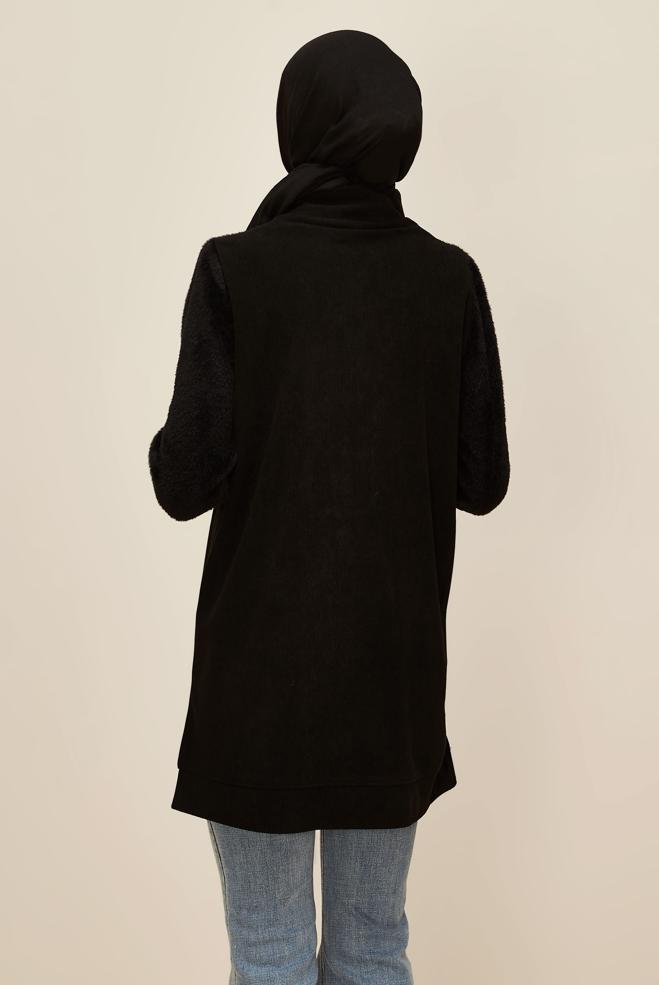 Vêtements hijab NOIR TUNIQUE DE SURVÊTEMENT À LACETS 45961 - ALVİNA