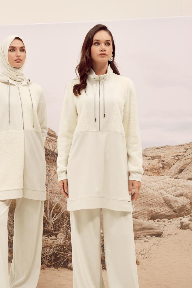 Vêtements hijab BLANC TUNIQUE DE SURVÊTEMENT À LACETS 45961 - ALVİNA
