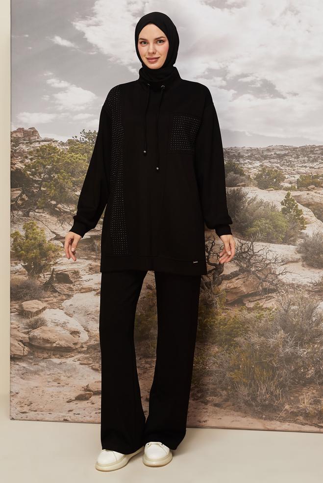 Tesettür giyim SİYAH TAŞ İŞLEMELİ EŞOFMAN TAKIMI 45967 - ALVİNA