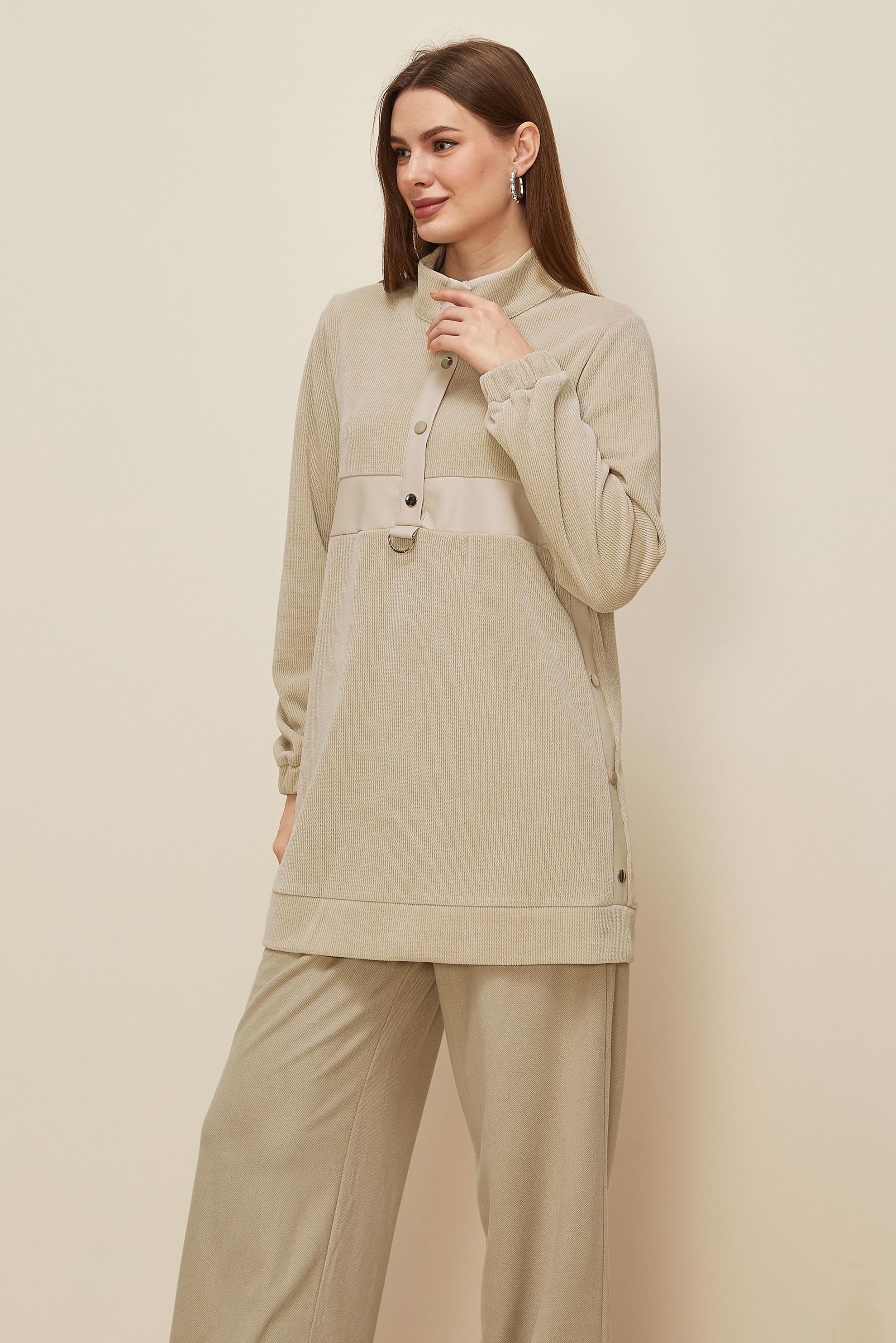 Tesettür giyim BEJ DİK YAKA EŞOFMAN TUNİK 45976-1