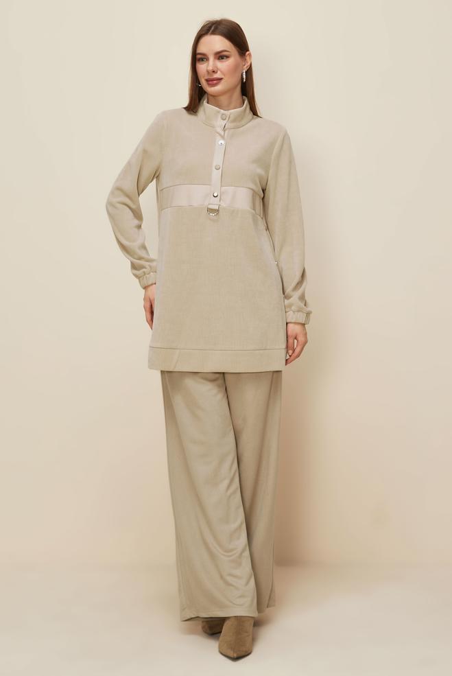 Tesettür giyim BEJ DİK YAKA EŞOFMAN TUNİK 45976-1 - ALVİNA