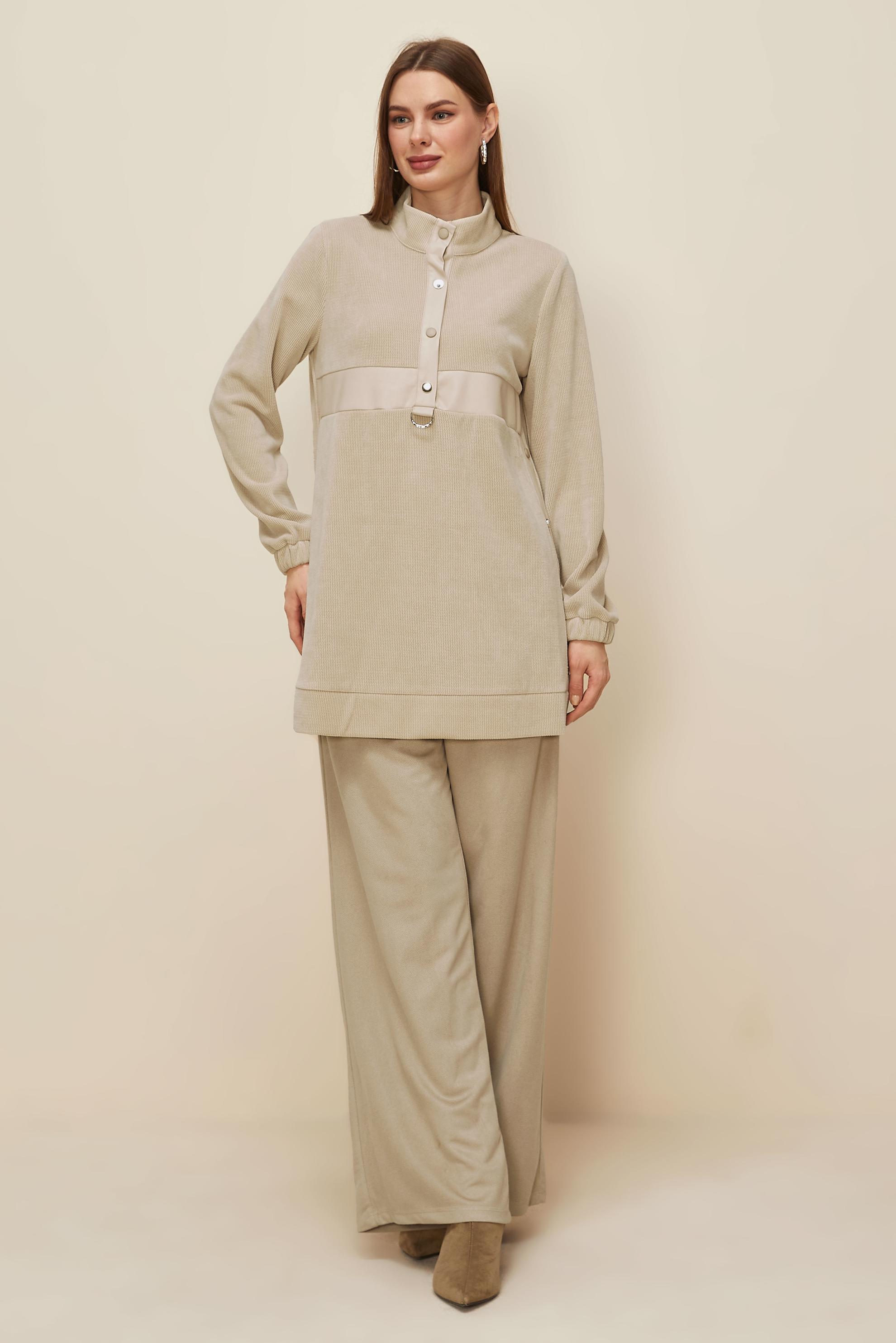 Tesettür giyim BEJ DİK YAKA EŞOFMAN TUNİK 45976-1