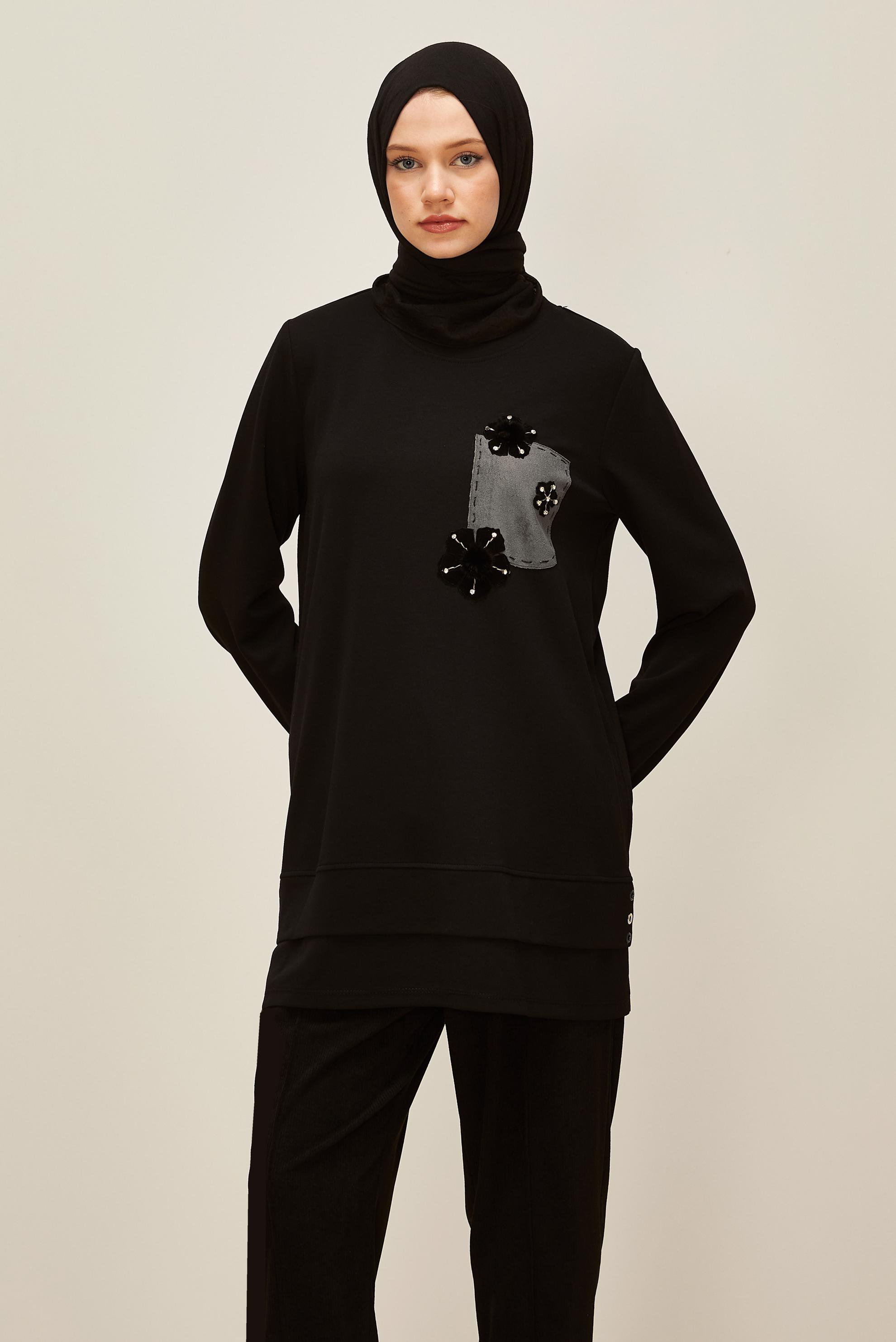 Vêtements hijab NOIR TUNIQUE DE SURVÊTEMENT À COL ROND 45977