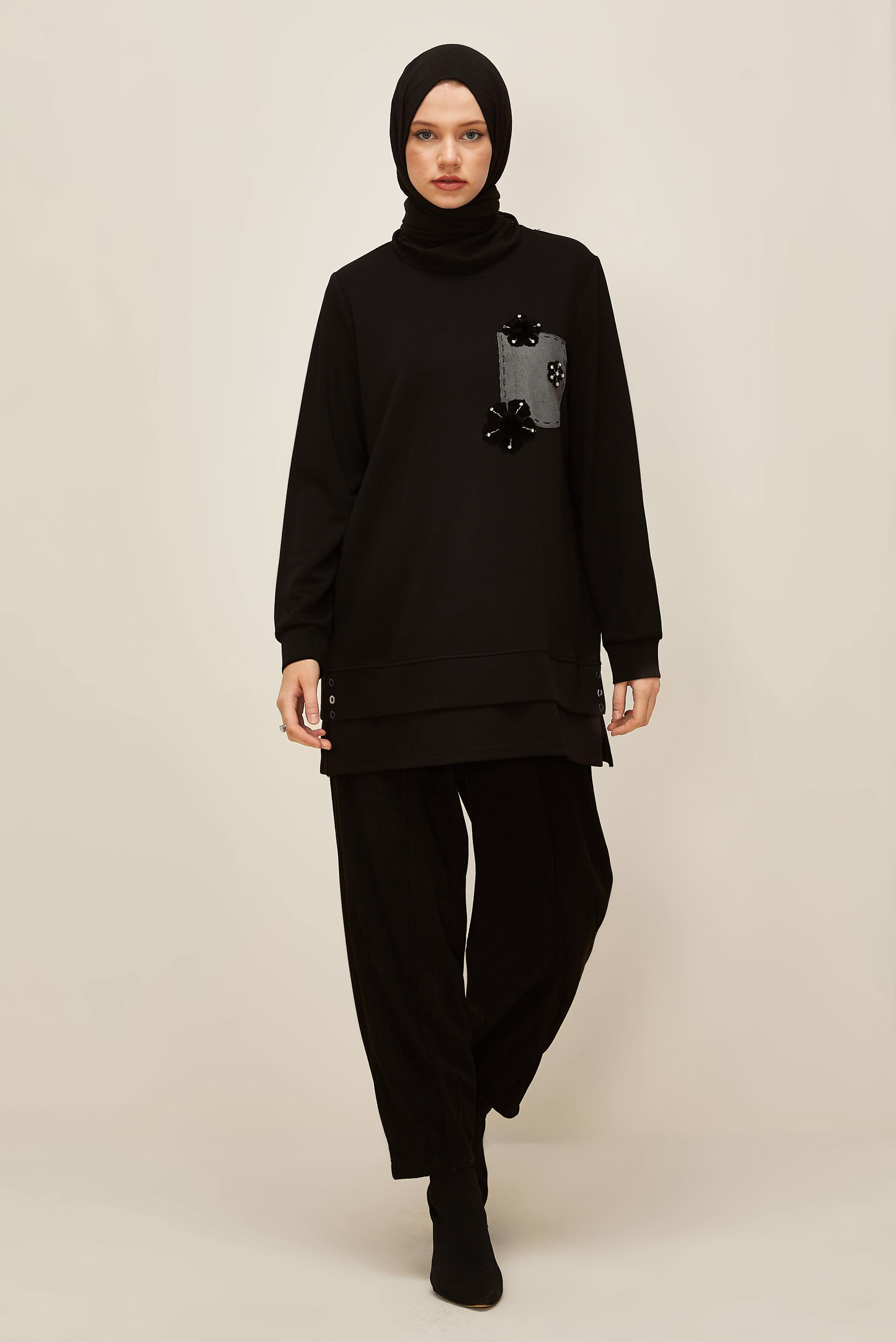 Vêtements hijab NOIR TUNIQUE DE SURVÊTEMENT À COL ROND 45977