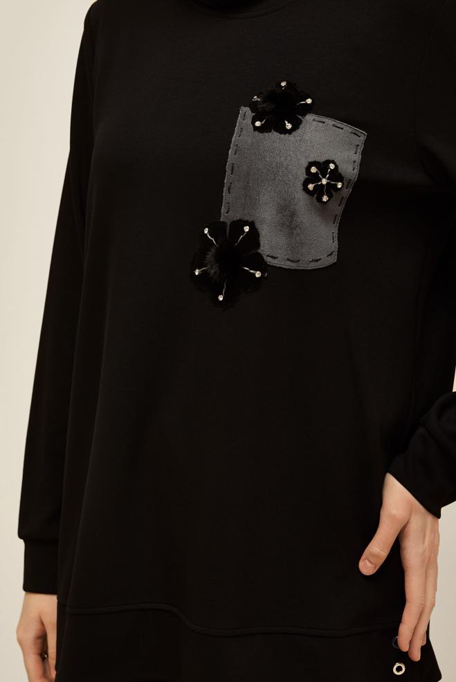 Vêtements hijab NOIR TUNIQUE DE SURVÊTEMENT À COL ROND 45977 - ALVİNA