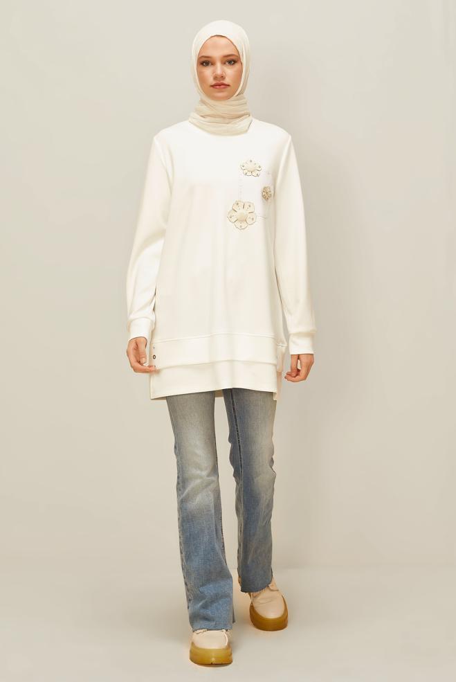 Vêtements hijab BLANC TUNIQUE DE SURVÊTEMENT À COL ROND 45977 - ALVİNA