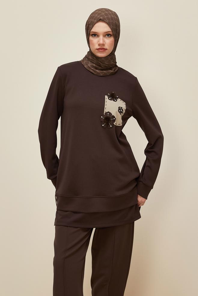 Tesettür giyim KAHVE 45977 AZEL EŞOFMAN TUNİK 38-46 TEK 40 - ALVİNA