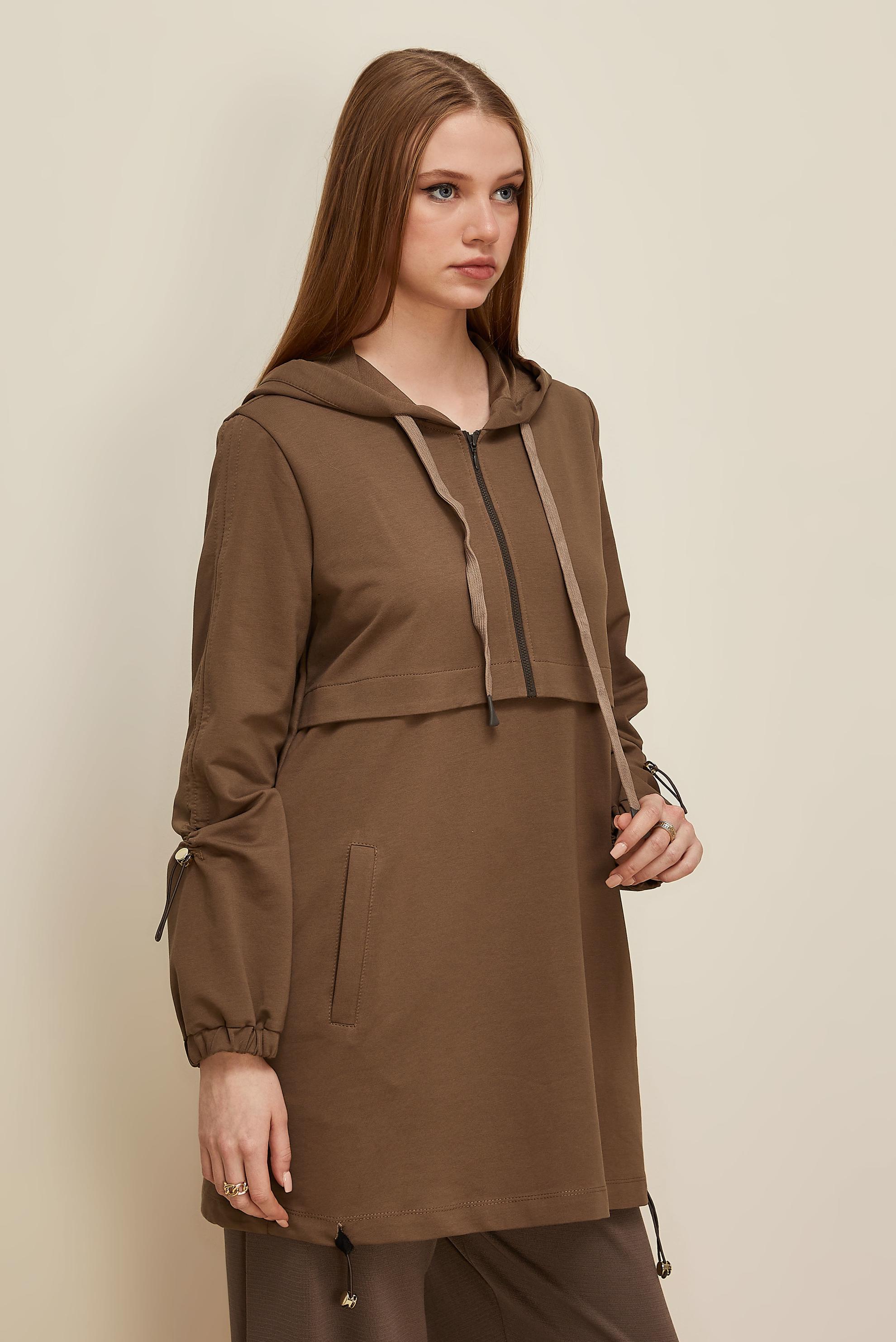 Tesettür giyim KAHVE KAPÜŞONLU EŞOFMAN TUNİK 45978