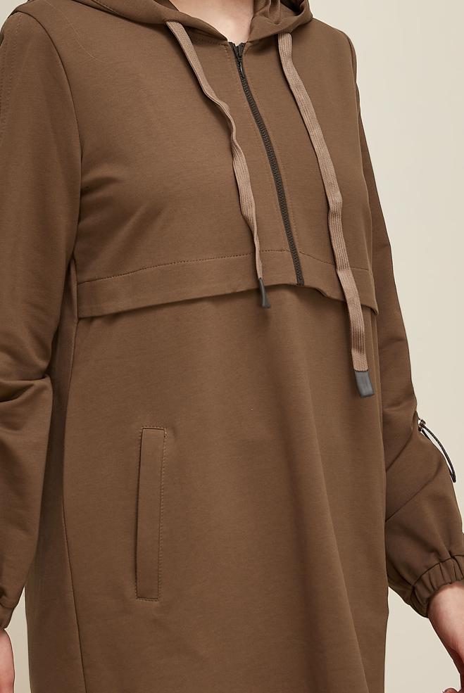 Vêtements hijab BRUN TUNIQUE DE SURVÊTEMENT À CAPUCHE 45978 - ALVİNA