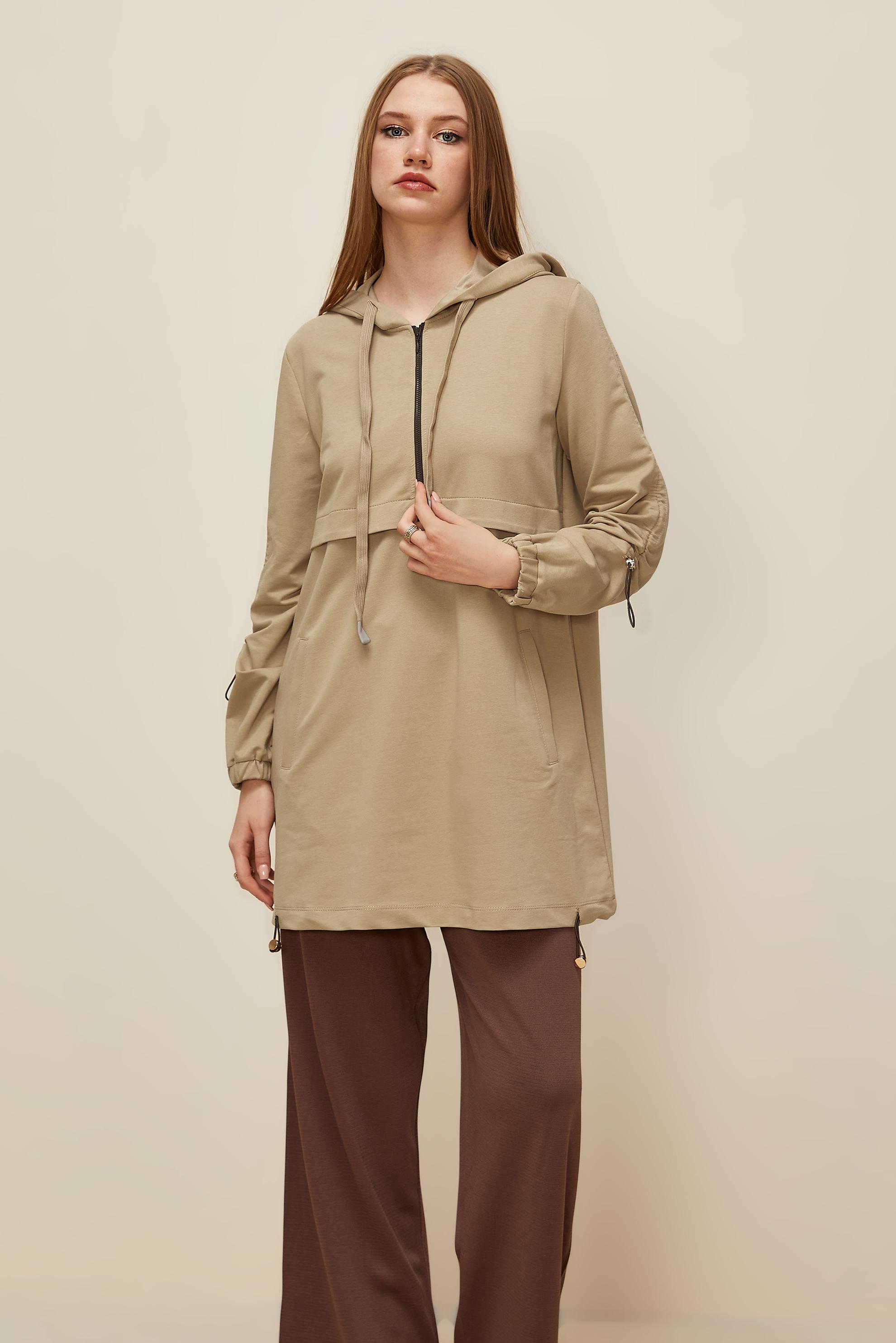 Tesettür giyim KUM KAPÜŞONLU EŞOFMAN TUNİK 45978