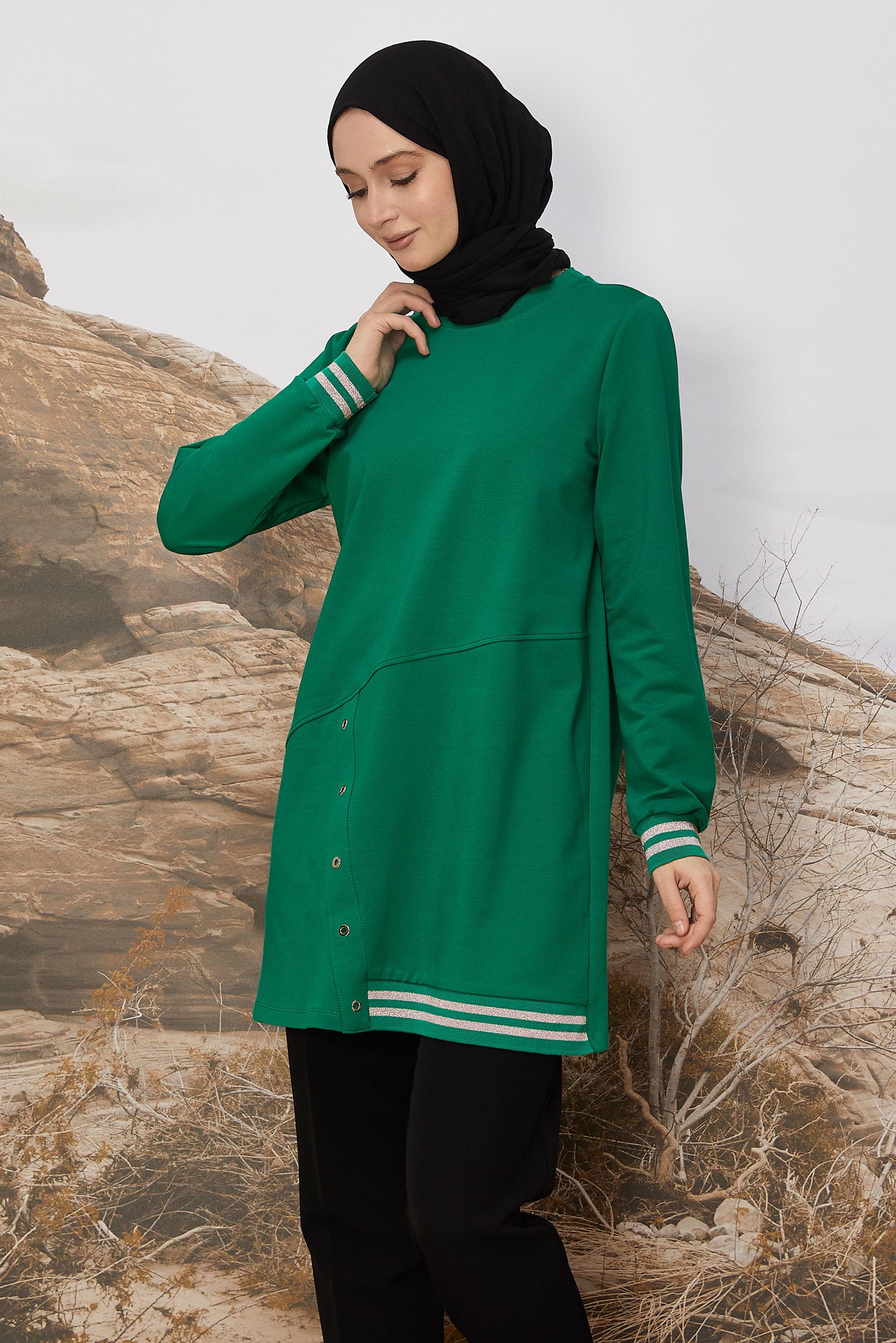 Tesettür giyim YEŞİL PAMUKLU EŞOFMAN TUNİK 45979