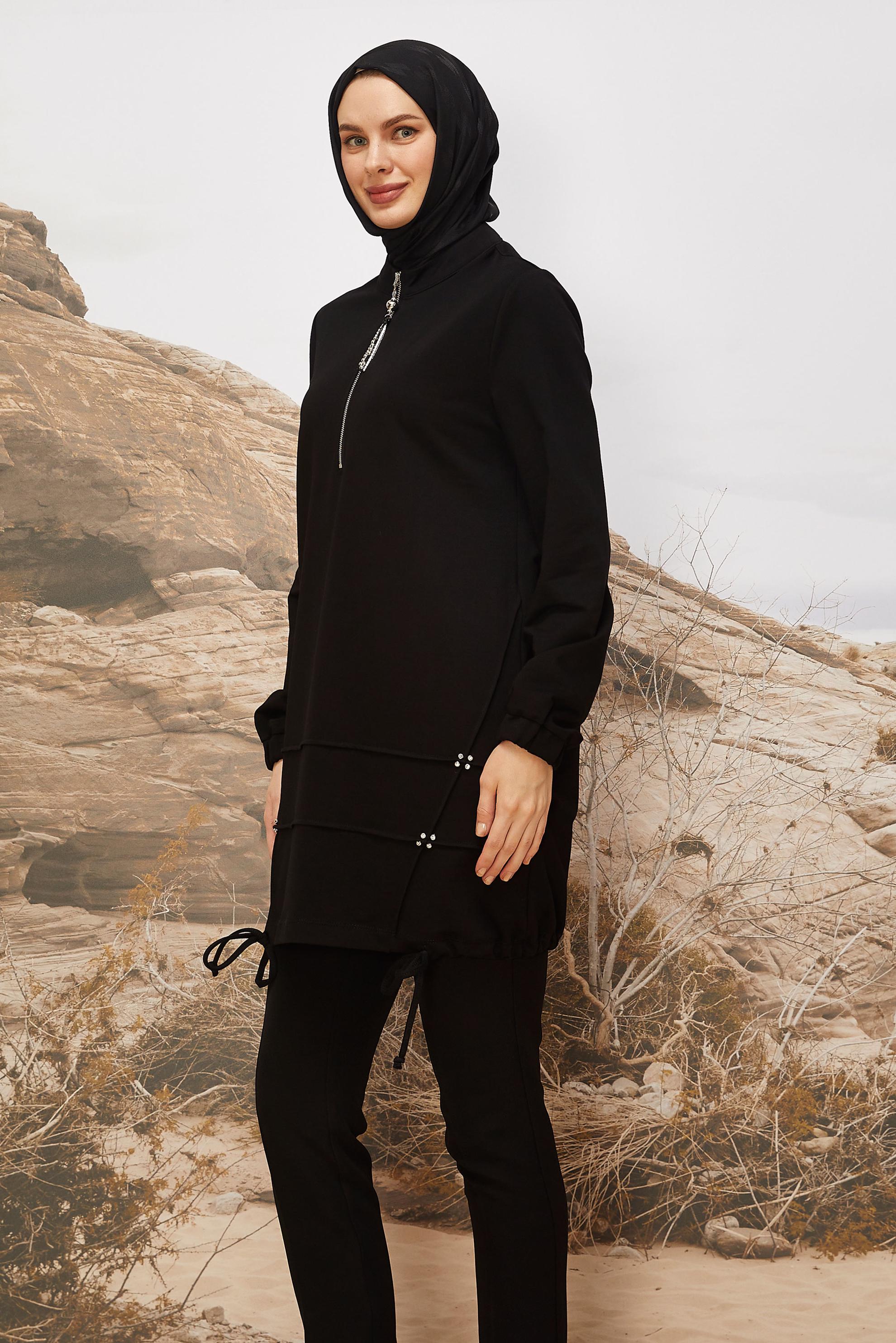 Tesettür giyim SİYAH 45980 ALEDA EŞOFMAN TUNİK 38-46 TEK40