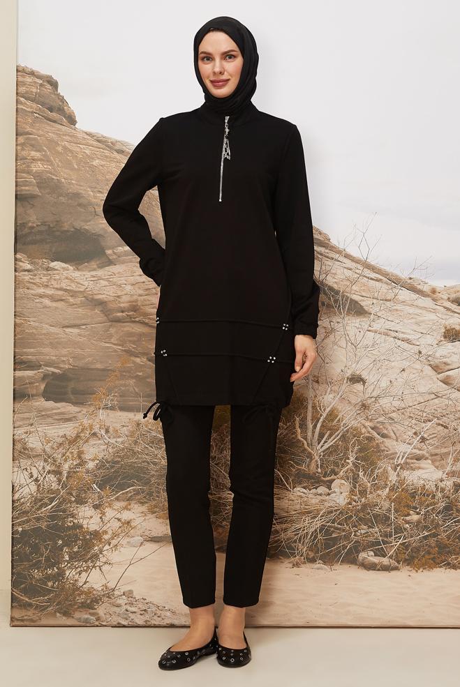 Tesettür giyim SİYAH 45980 ALEDA EŞOFMAN TUNİK 38-46 TEK40 - ALVİNA