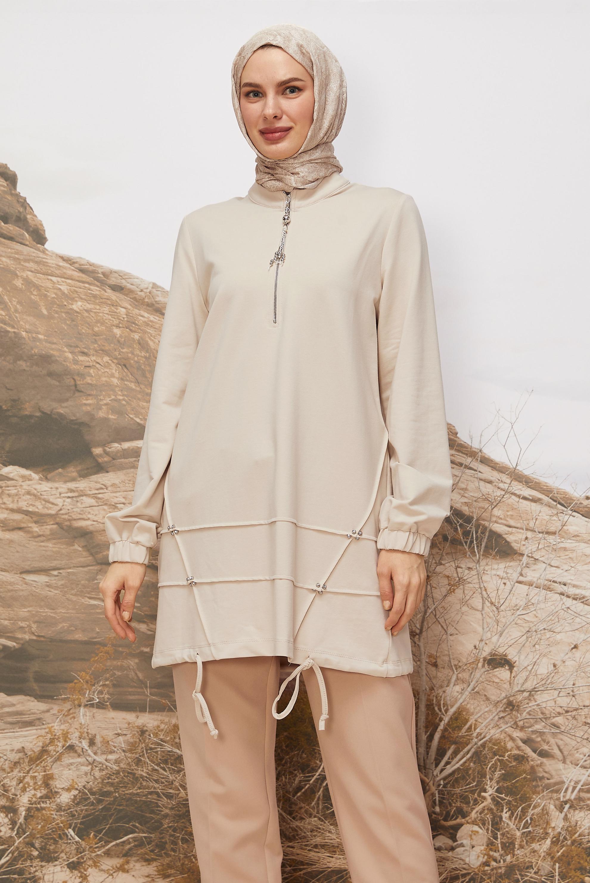 Tesettür giyim BEJ 45980 ALEDA EŞOFMAN TUNİK 38-46 TEK40