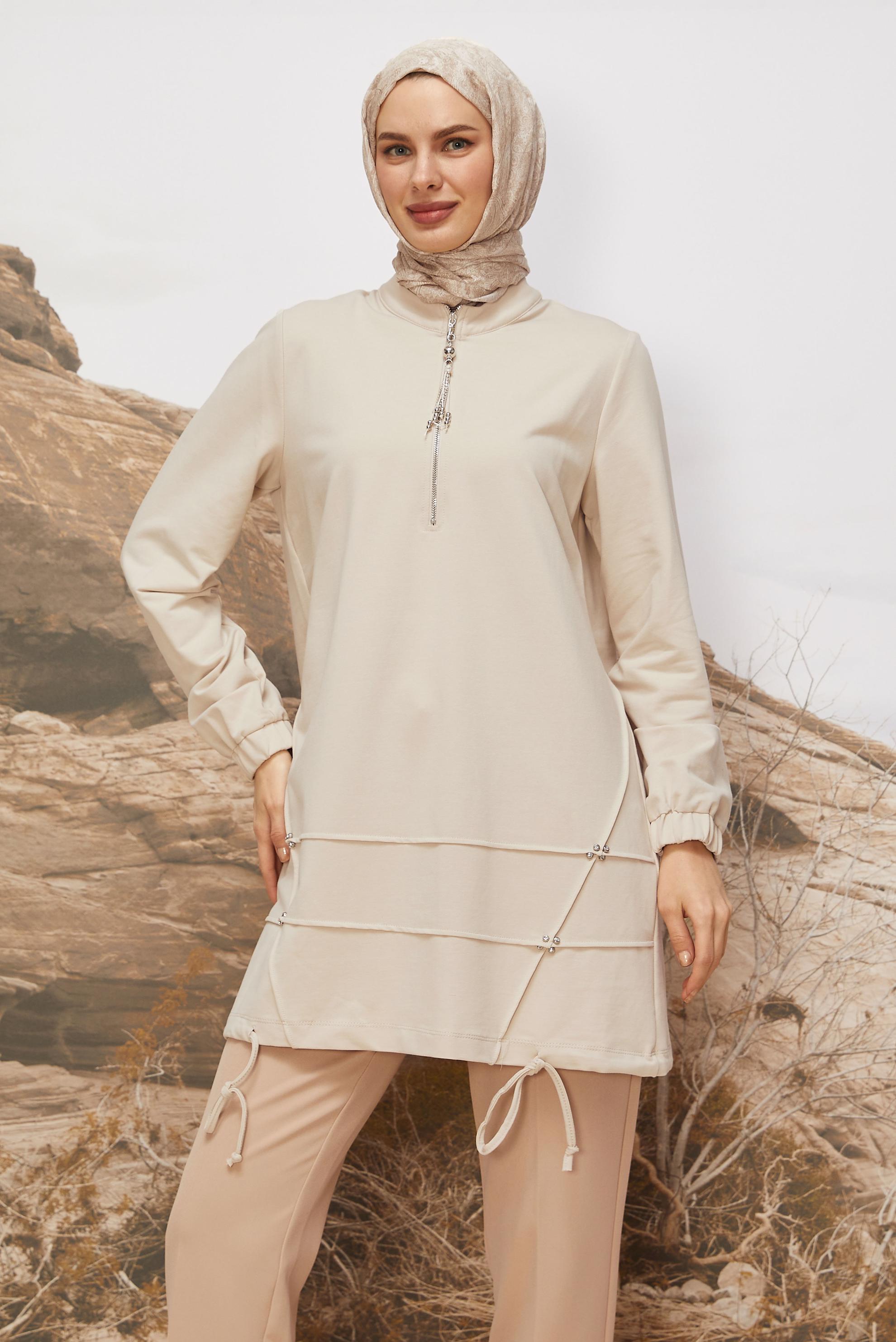 Tesettür giyim BEJ 45980 ALEDA EŞOFMAN TUNİK 38-46 TEK40