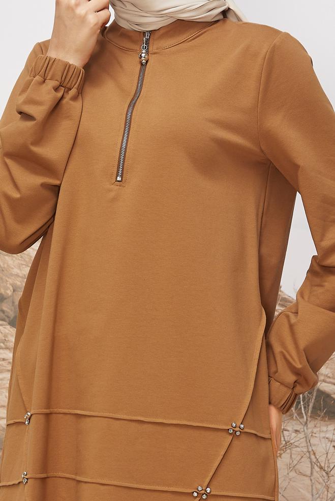 Tesettür giyim KAHVE 45980 ALEDA EŞOFMAN TUNİK 38-46 TEK40 - ALVİNA