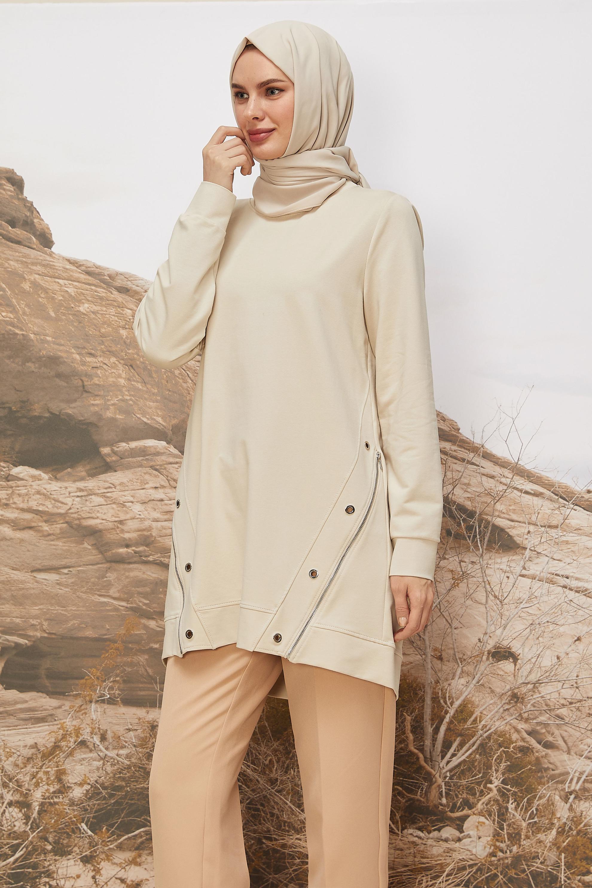 Tesettür giyim BEJ KUŞGÖZÜ DETAYLI EŞOFMAN TUNİK 45981