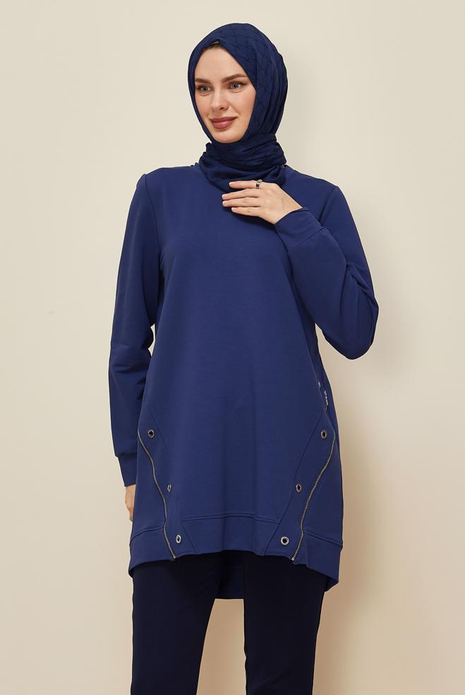 Tesettür giyim LACİVERT KUŞGÖZÜ DETAYLI EŞOFMAN TUNİK 45981 - ALVİNA