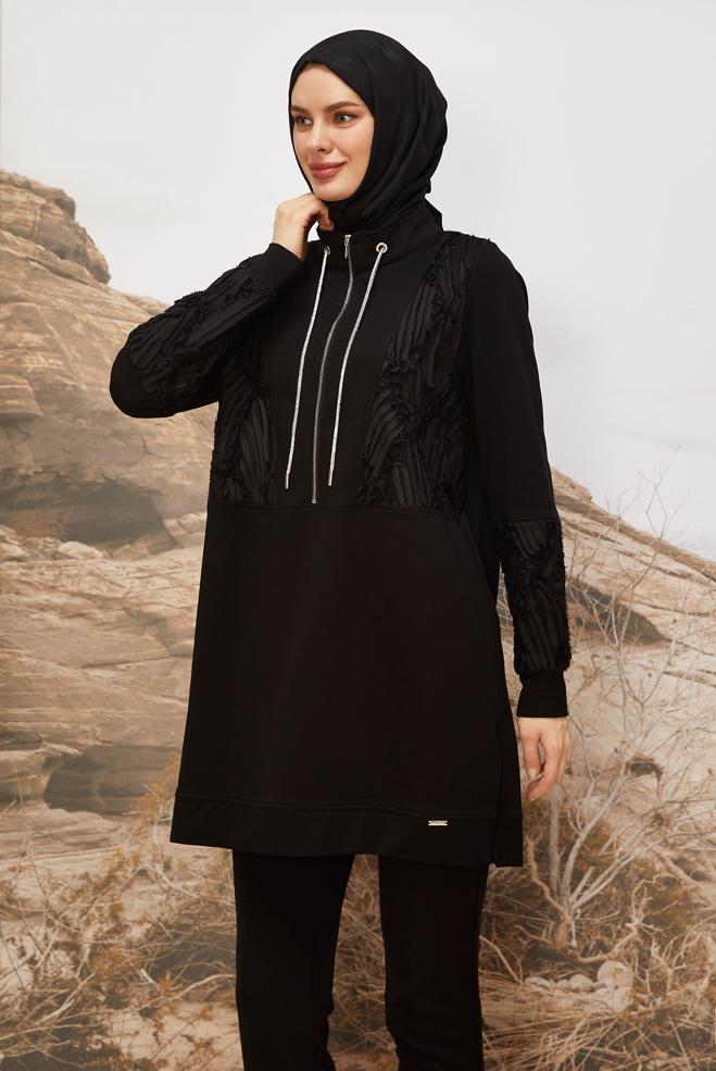 Tesettür giyim SİYAH 45984 ALEDA EŞOFMAN TUNİK 38-46 TEK 40 - ALVİNA