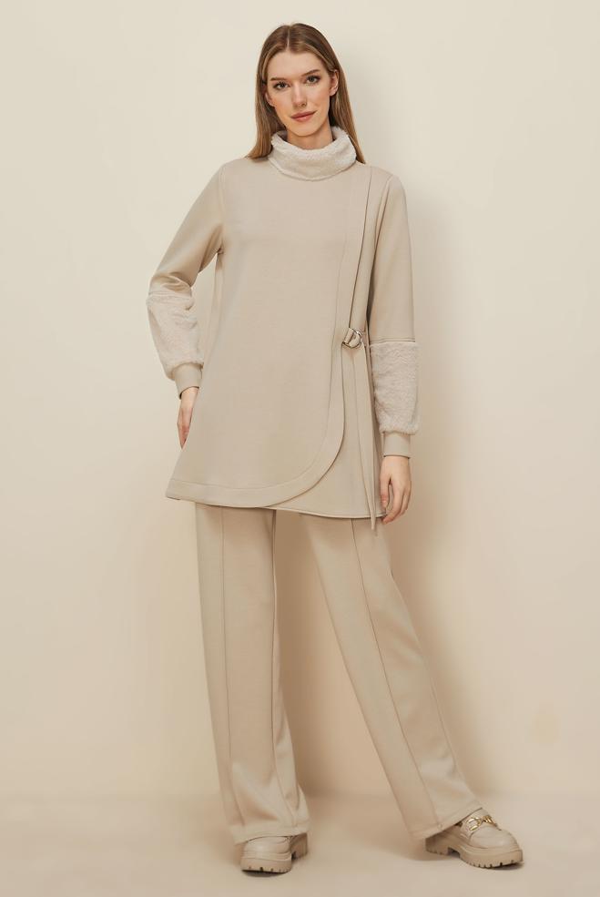 Tesettür giyim BEJ SABİT KEMERLİ EŞOFMAN TAKIMI 45995 - ALVİNA