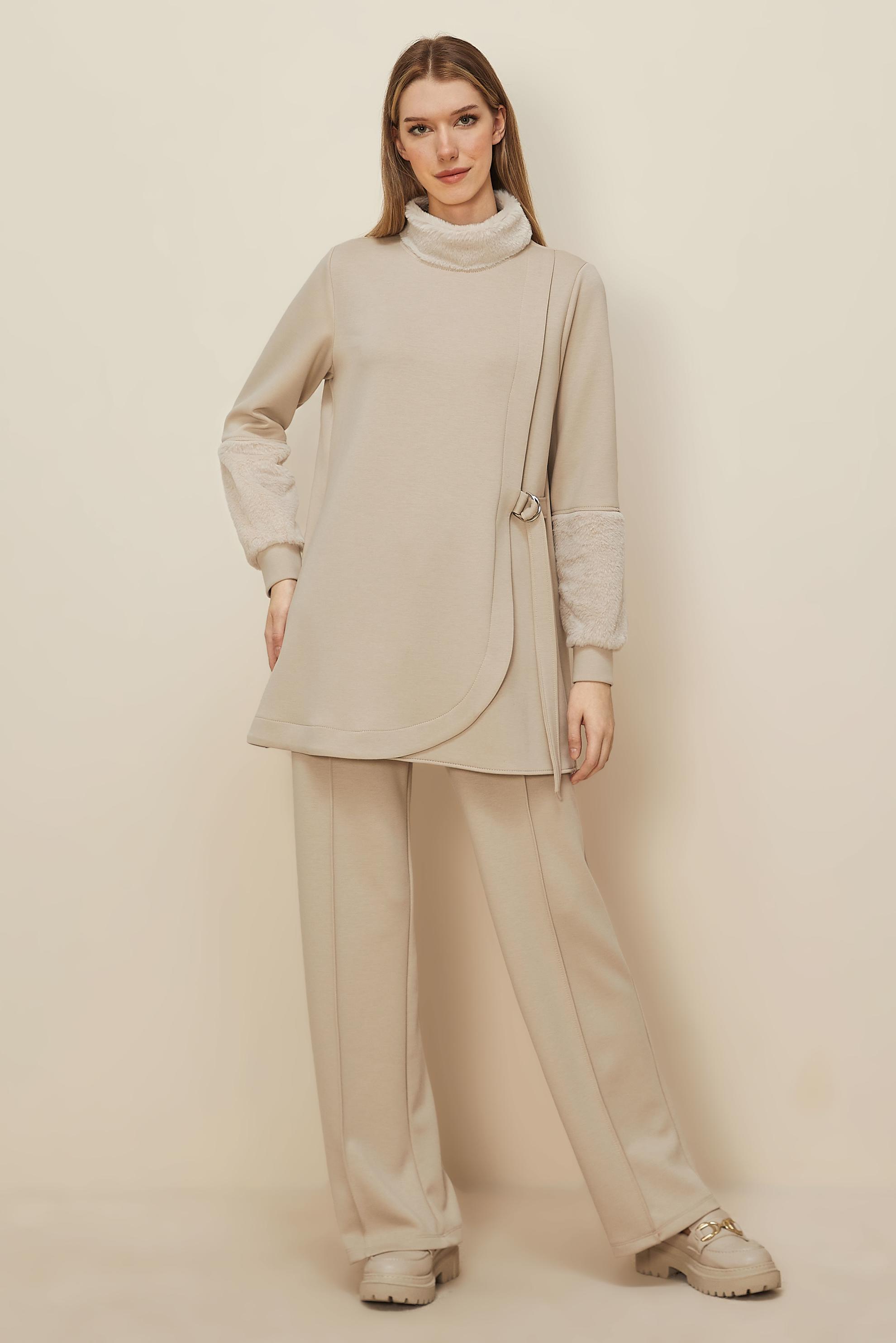 Tesettür giyim BEJ SABİT KEMERLİ EŞOFMAN TAKIMI 45995