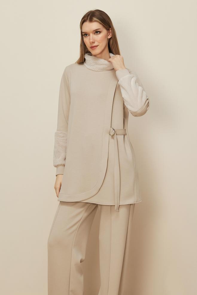 Tesettür giyim BEJ SABİT KEMERLİ EŞOFMAN TAKIMI 45995 - ALVİNA