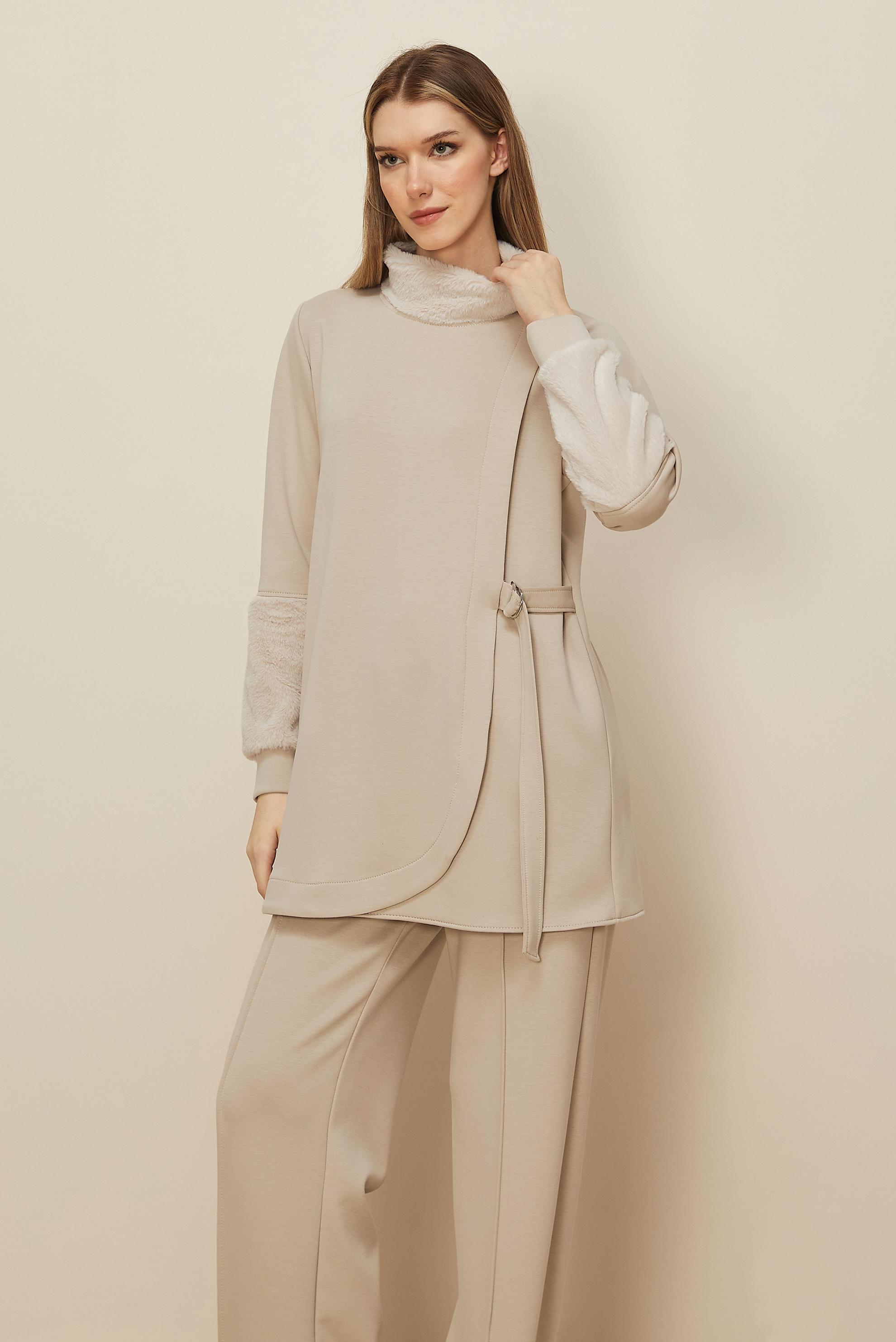 Tesettür giyim BEJ SABİT KEMERLİ EŞOFMAN TAKIMI 45995