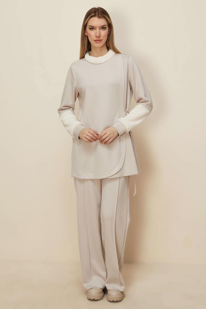 Tesettür giyim EKRU SABİT KEMERLİ EŞOFMAN TAKIMI 45995 - ALVİNA