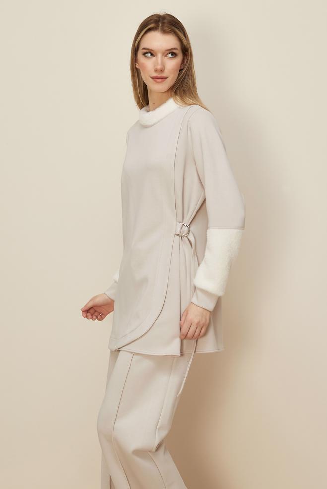 Tesettür giyim EKRU SABİT KEMERLİ EŞOFMAN TAKIMI 45995 - ALVİNA