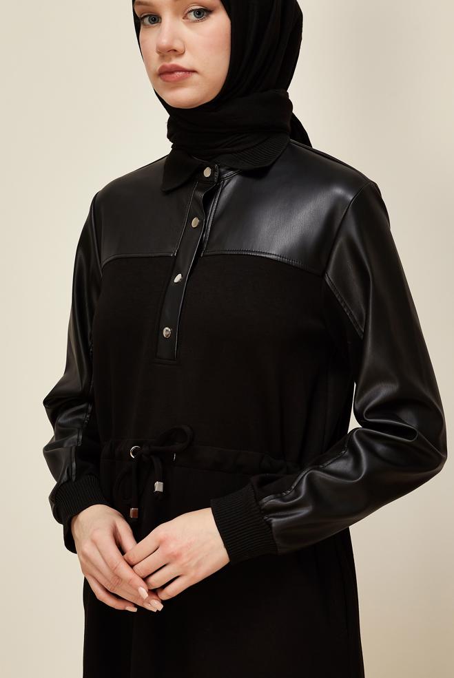 Tesettür giyim SİYAH GÖMLEK YAKA EŞOFMAN ELBİSE 45996 - ALVİNA