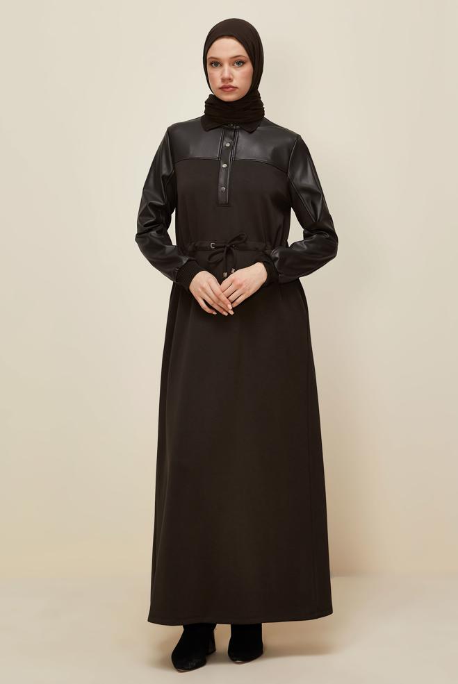 Tesettür giyim KAHVE GÖMLEK YAKA EŞOFMAN ELBİSE 45996 - ALVİNA