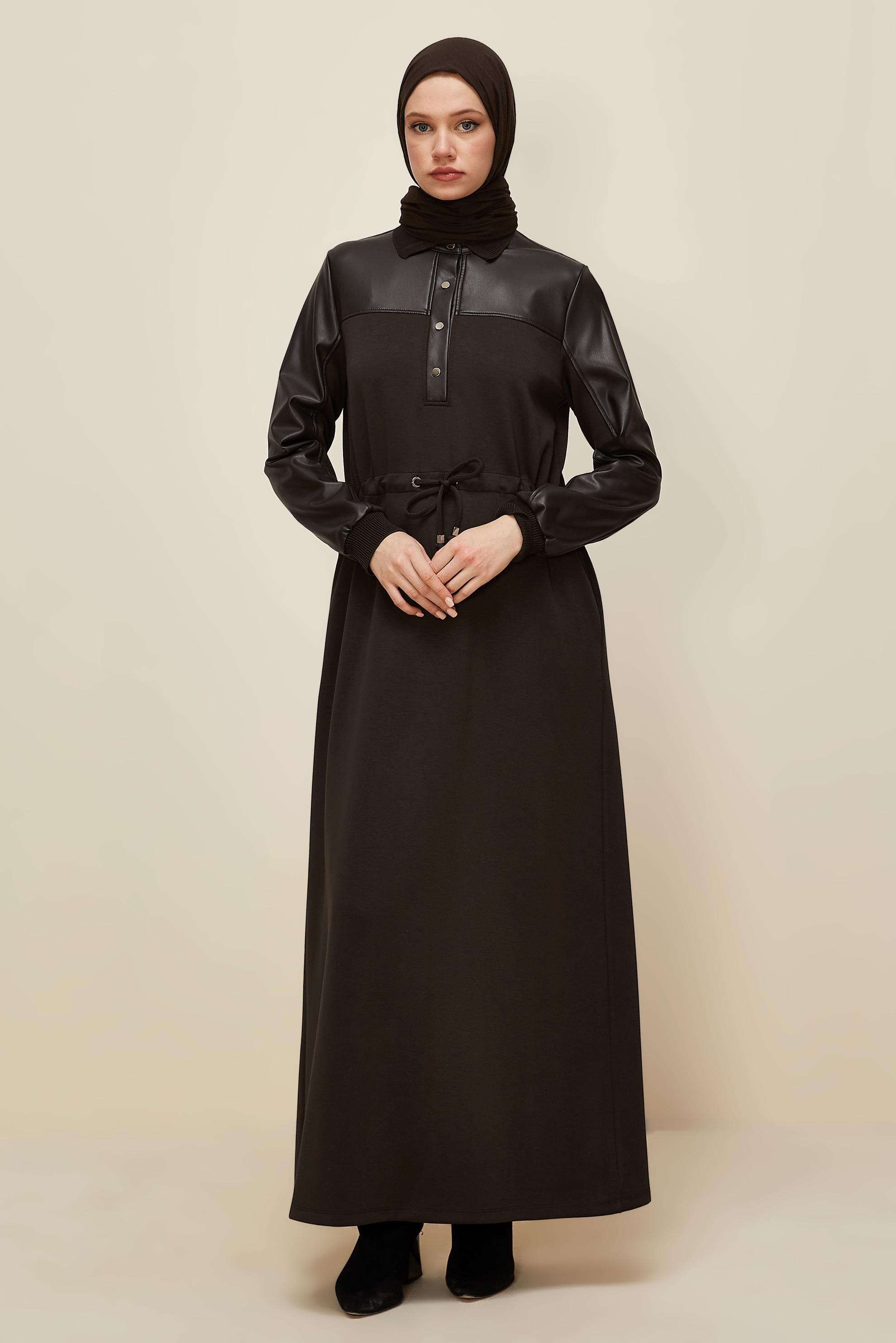 Hijab clothing BROWN SHIRT COLLAR TRACKSUIT DRESS 45996