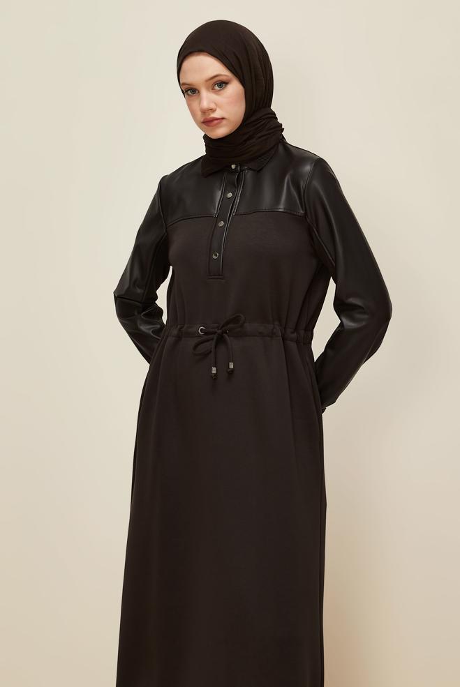 Tesettür giyim KAHVE GÖMLEK YAKA EŞOFMAN ELBİSE 45996 - ALVİNA