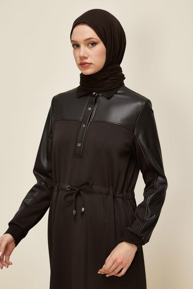 Tesettür giyim KAHVE GÖMLEK YAKA EŞOFMAN ELBİSE 45996 - ALVİNA