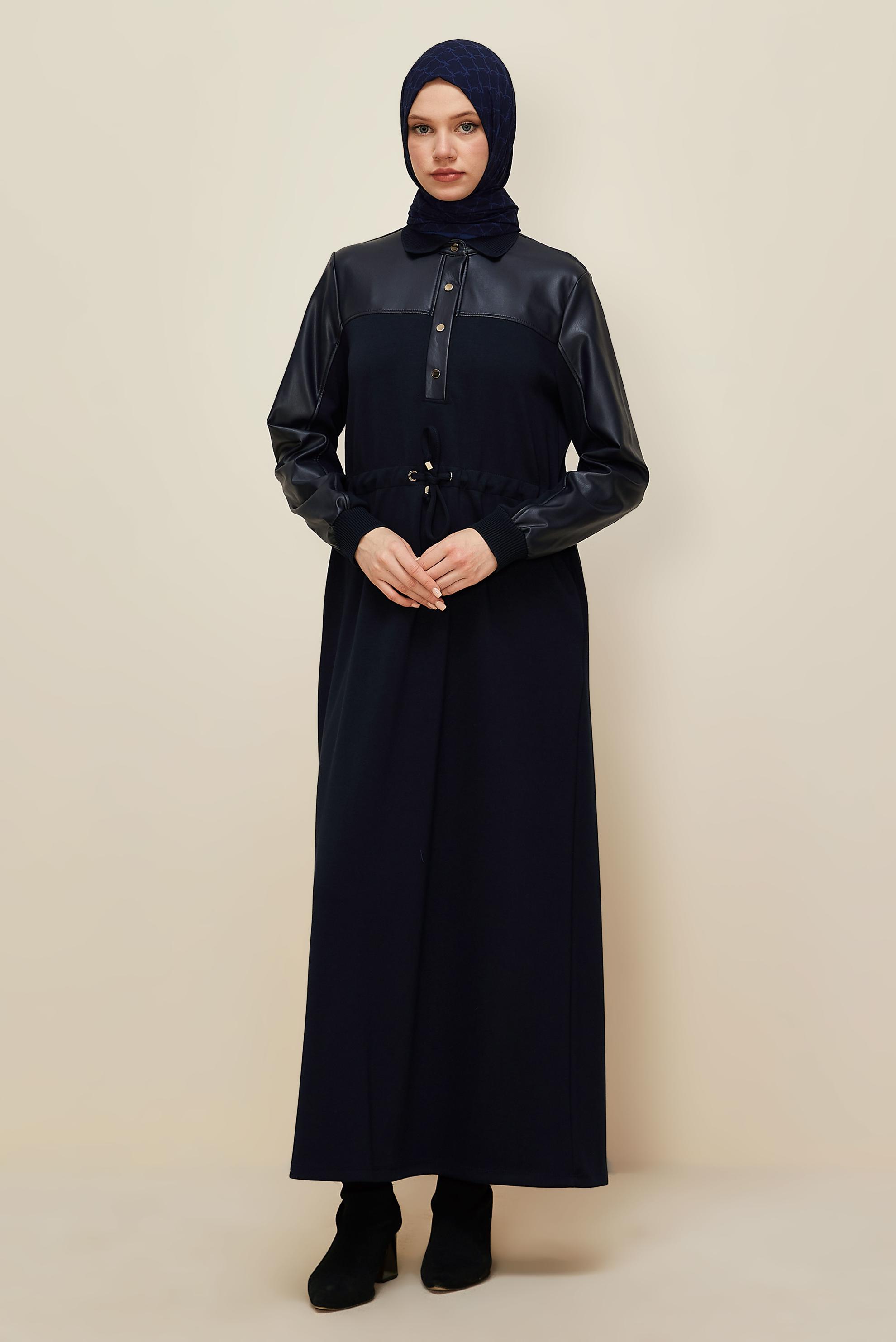 Hijab clothing NAVY BLUE SHIRT COLLAR TRACKSUIT DRESS 45996