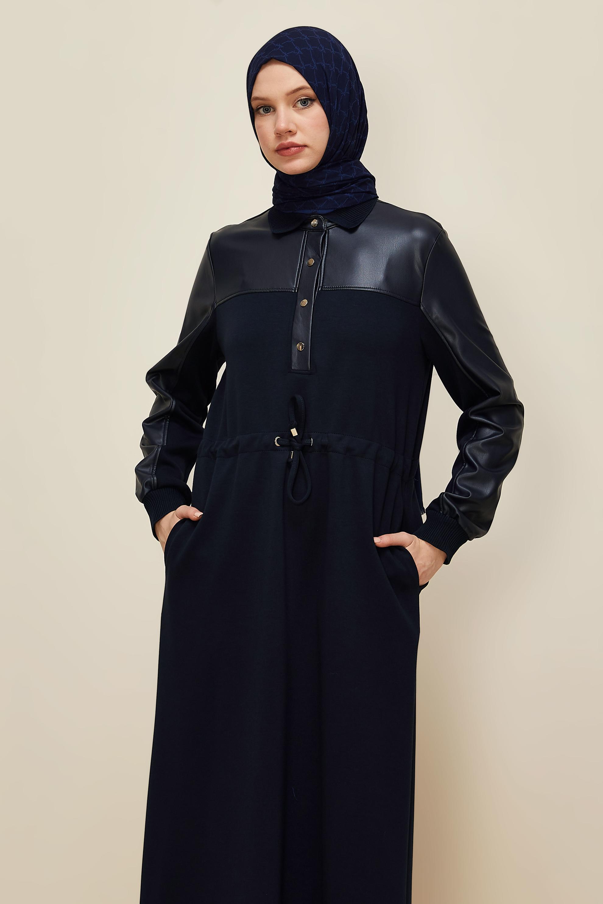 Hijab clothing NAVY BLUE SHIRT COLLAR TRACKSUIT DRESS 45996