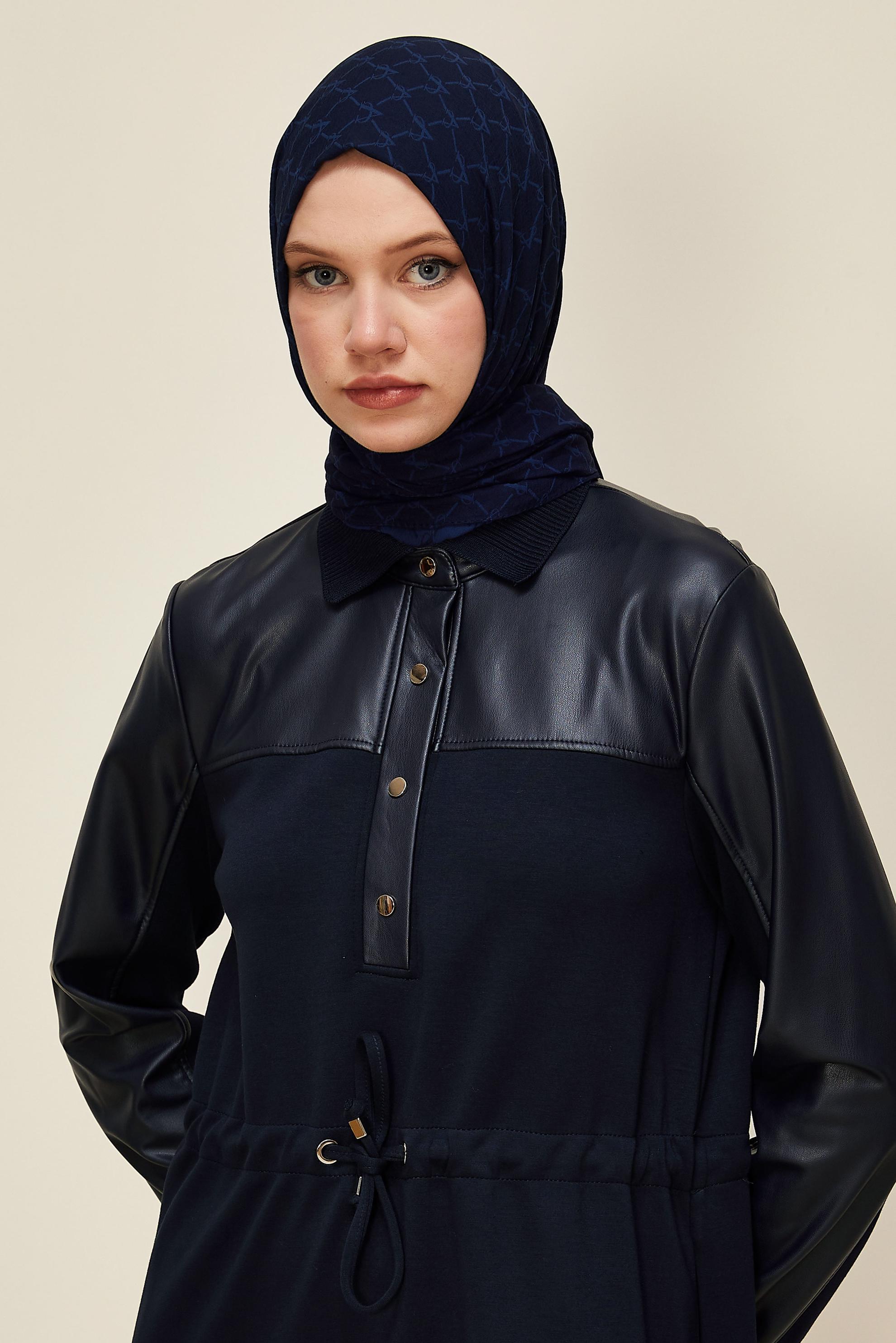 Hijab clothing NAVY BLUE SHIRT COLLAR TRACKSUIT DRESS 45996