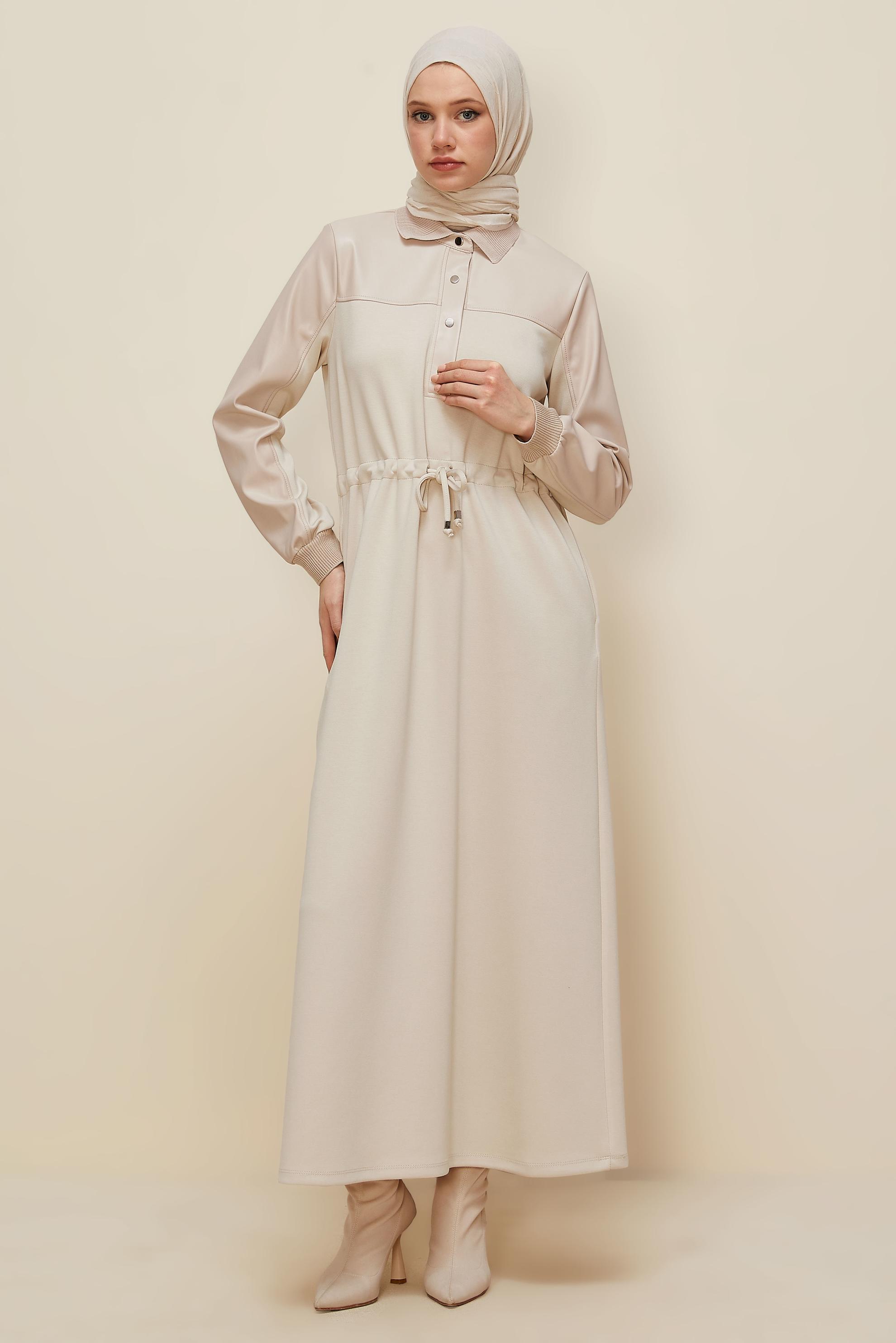 Hijab clothing BEIGE SHIRT COLLAR TRACKSUIT DRESS 45996