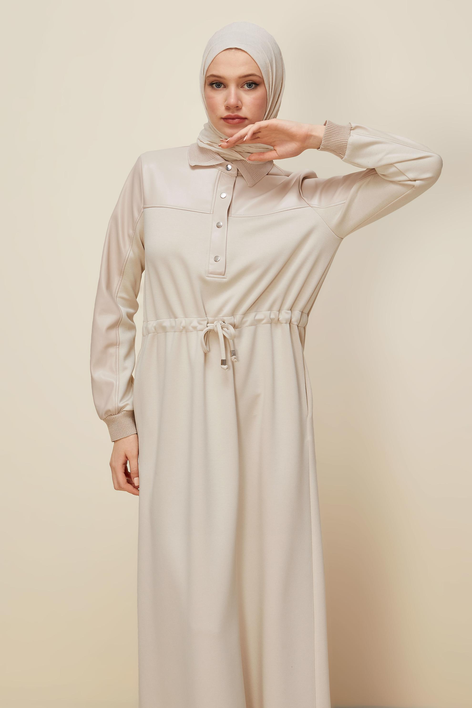 Hijab clothing BEIGE SHIRT COLLAR TRACKSUIT DRESS 45996