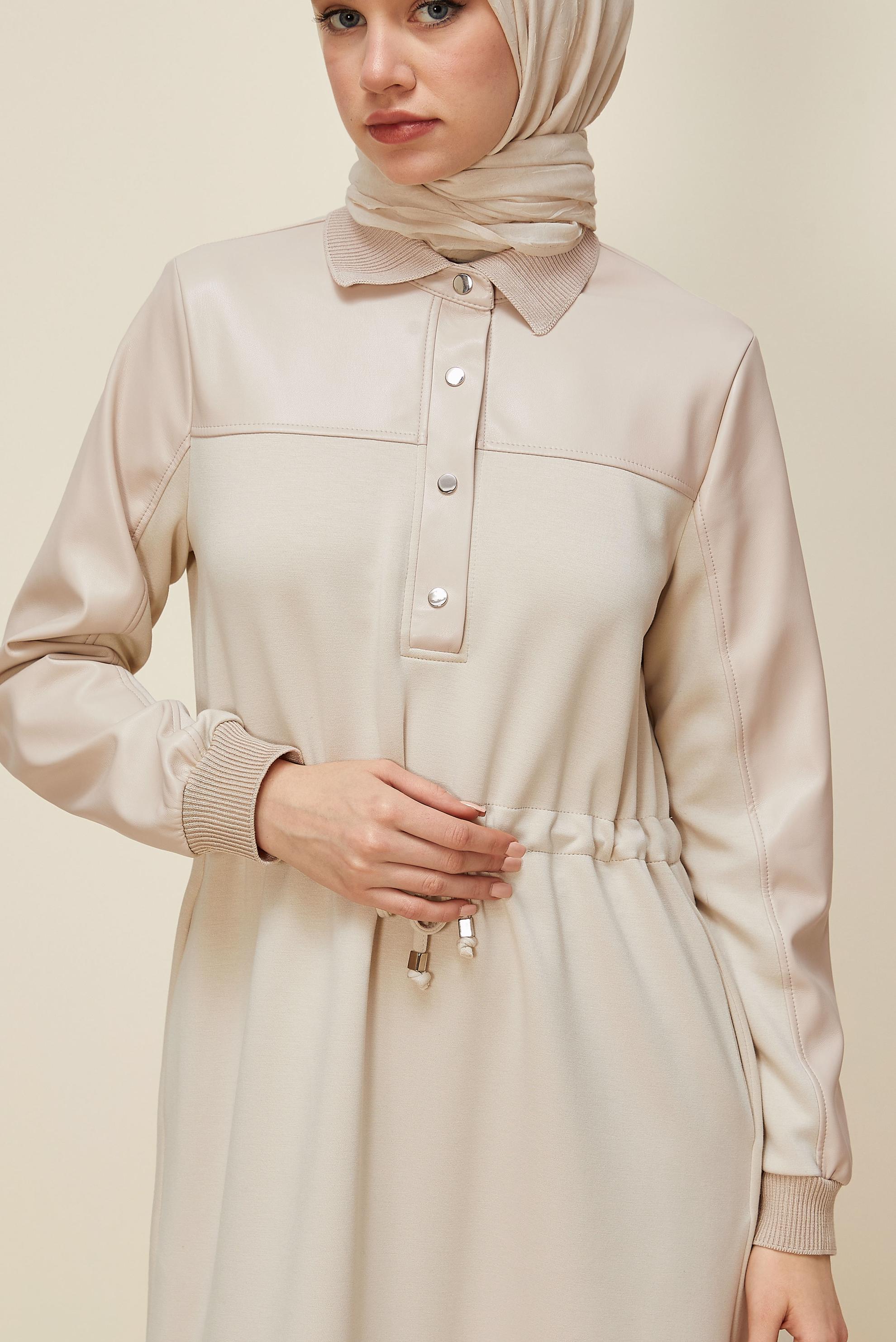 Hijab clothing BEIGE SHIRT COLLAR TRACKSUIT DRESS 45996