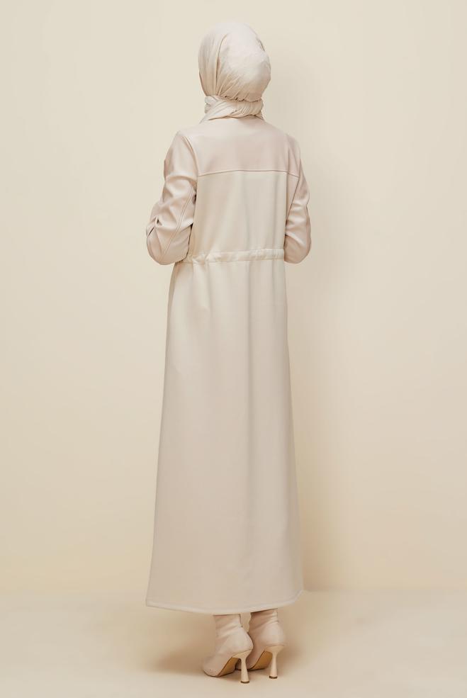 Tesettür giyim BEJ GÖMLEK YAKA EŞOFMAN ELBİSE 45996 - ALVİNA