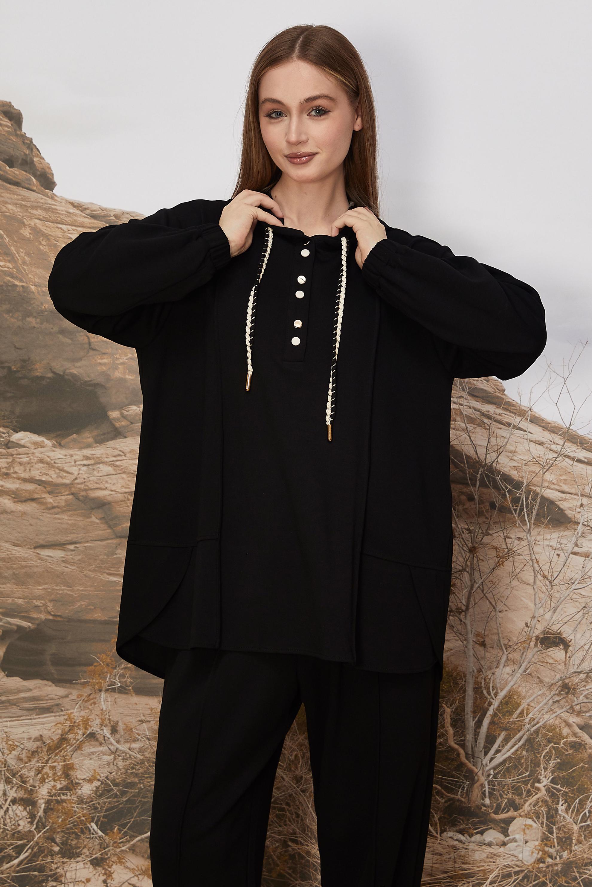 Tesettür giyim SİYAH KAPÜŞONLU EŞOFMAN TAKIMI 45997