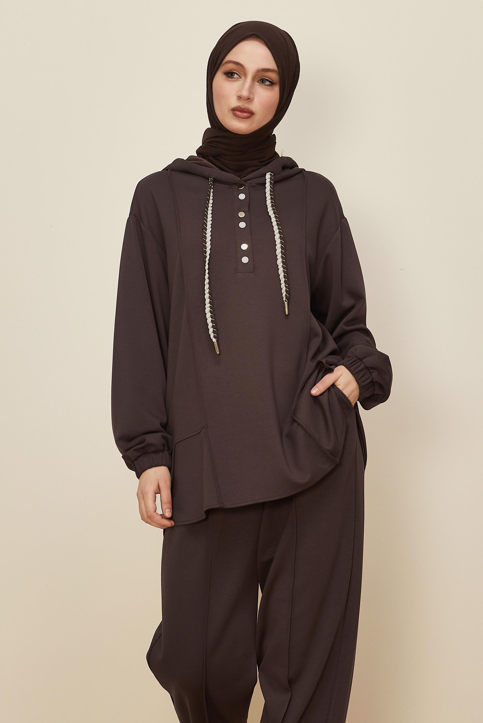 Tesettür giyim KAHVE KAPÜŞONLU EŞOFMAN TAKIMI 45997