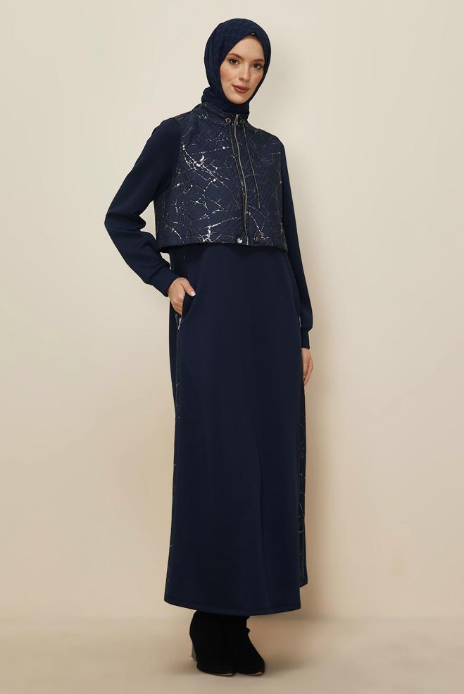 Hijab clothing NAVY BLUE VEST AND DRESS SET 46001 - ALVİNA