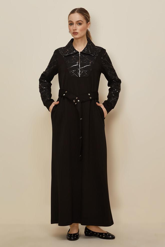 Tesettür giyim SİYAH KUŞAKLI EŞOFMAN ELBİSE 46002 - ALVİNA