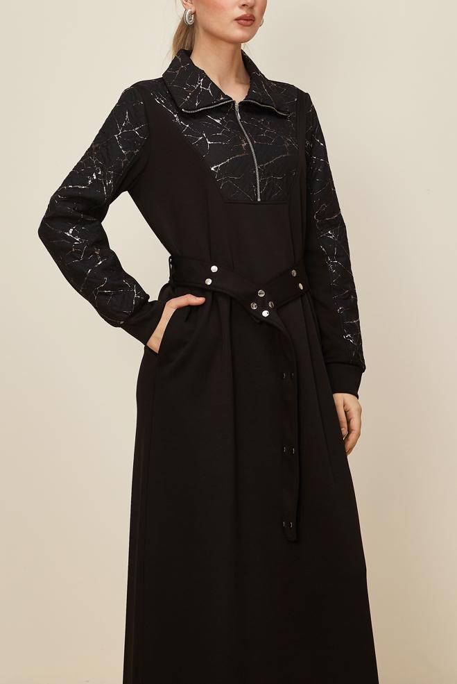 Tesettür giyim SİYAH KUŞAKLI EŞOFMAN ELBİSE 46002 - ALVİNA