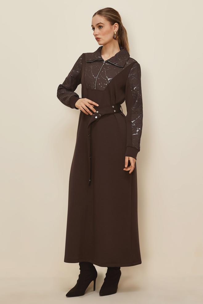 Tesettür giyim KAHVE KUŞAKLI EŞOFMAN ELBİSE 46002 - ALVİNA