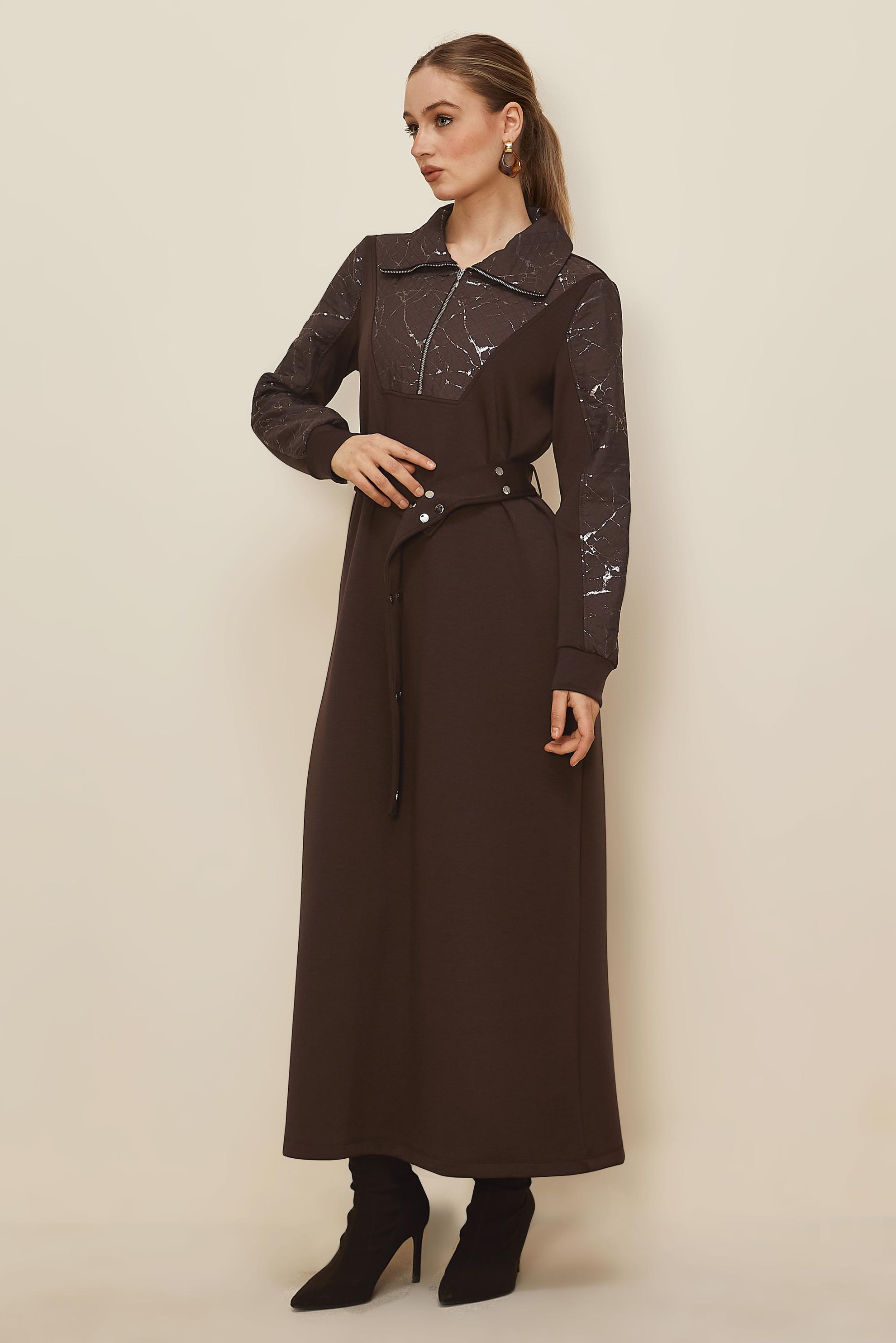 Tesettür giyim KAHVE KUŞAKLI EŞOFMAN ELBİSE 46002