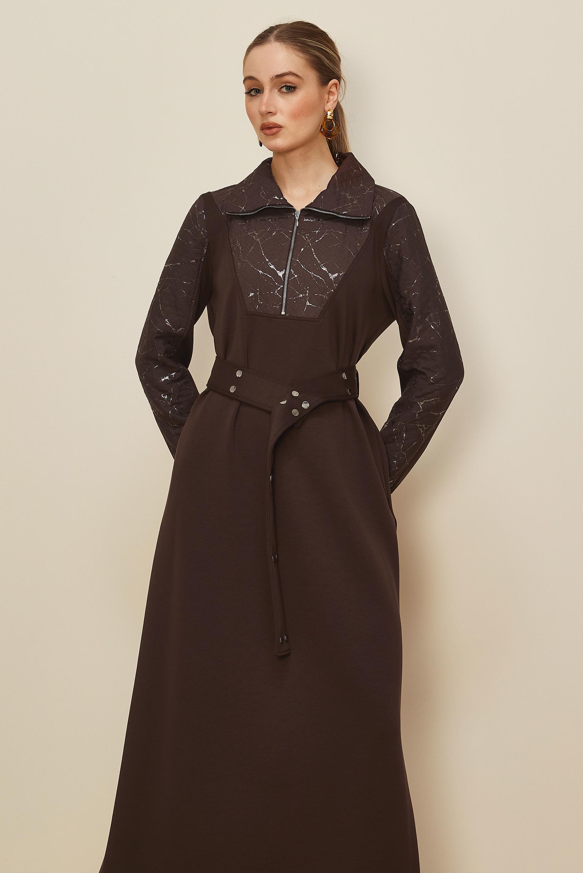 Tesettür giyim KAHVE KUŞAKLI EŞOFMAN ELBİSE 46002